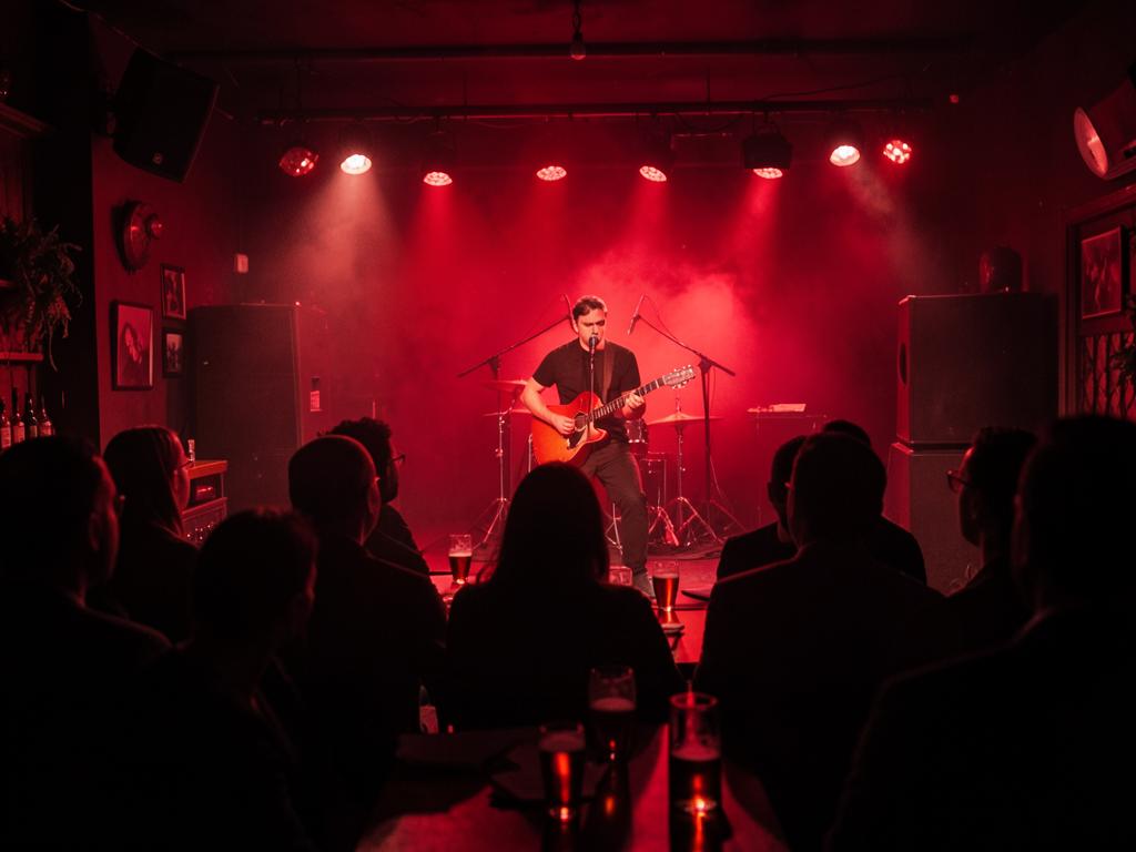 Živý koncert v červeném světle pódia ve Staré Masně